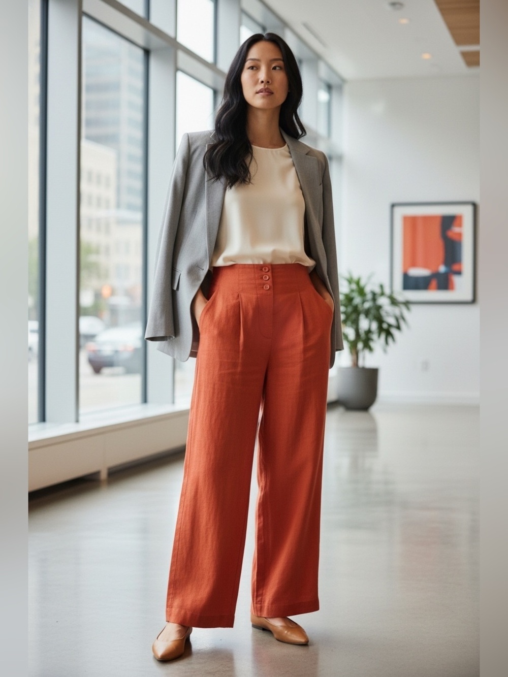 Free People High-Rise Wide-Leg Button Front Pants in Bright Orange